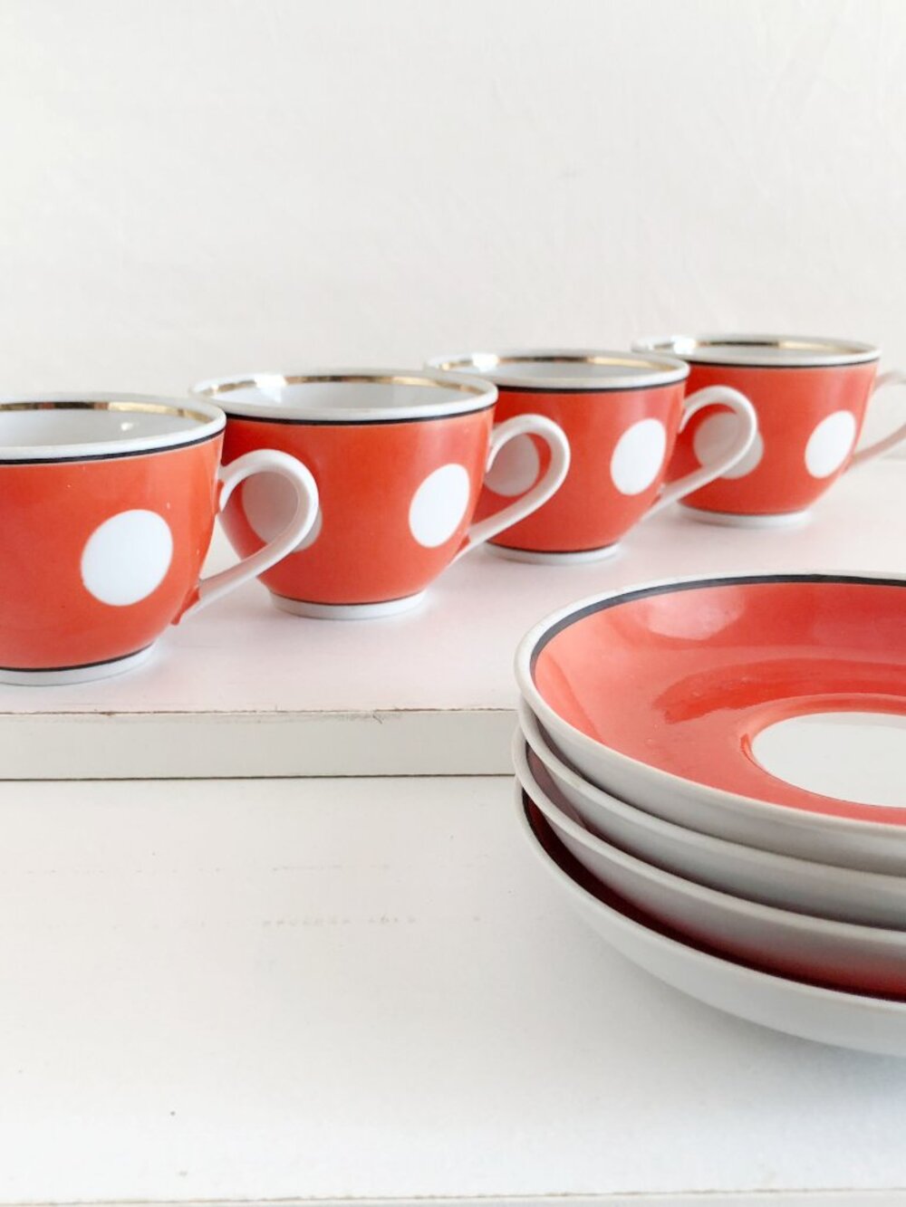 Vintage 60s Ukraine Polka Dot Tea Cups and Saucers